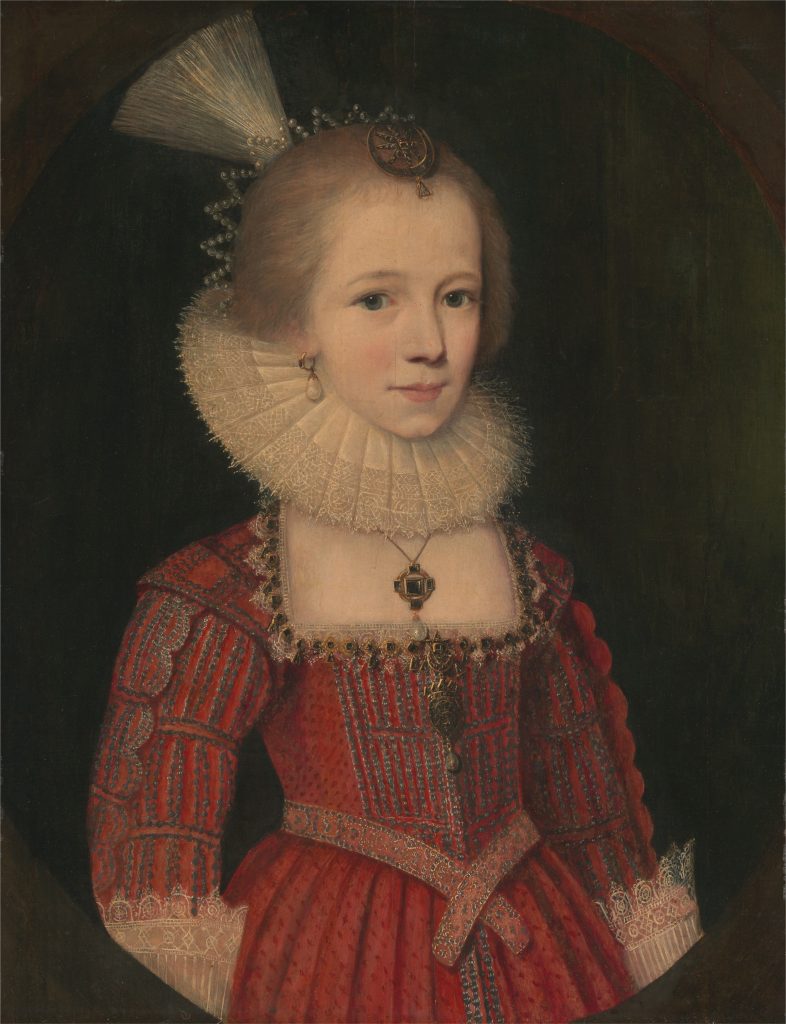 early seventeenth century portrait, a girl posed formally in a red dress with a large frill, in a feigned oval, dark background