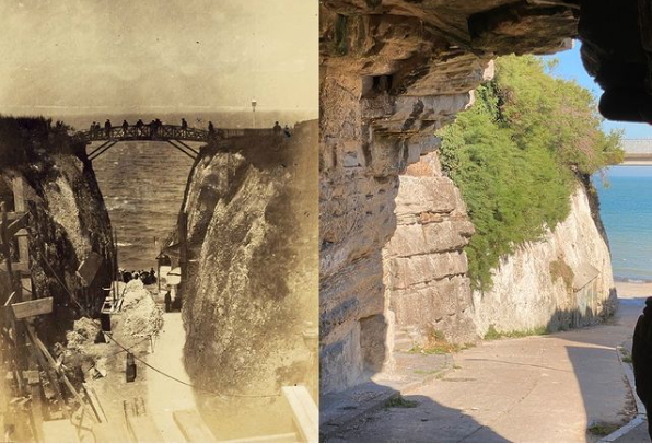 artwork image - historic photographic image in sepia tones to left, a deep crevice bridged by an iron structure, the sea beyond; to the right a colour photograph of the interior of a cave or rock arch, foliage beyond, and blue sky and sea to right beyond that
