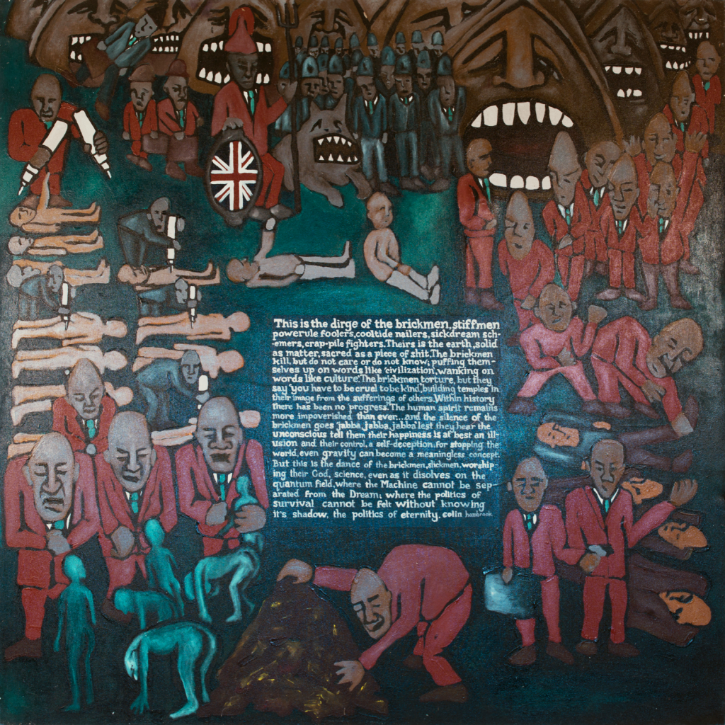 a densely detailed allegorical painting, a block of text at the centre, surrounded by teeming figures, bald white men in red suits, who torture or abuse other figures, a union jack and other symbols in the mix