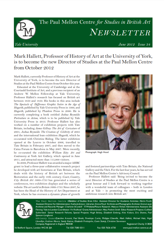 cover of the Newsletter of the Paul Mellon Centre, block of text with a photographic portrait of Mark Hallett smiling