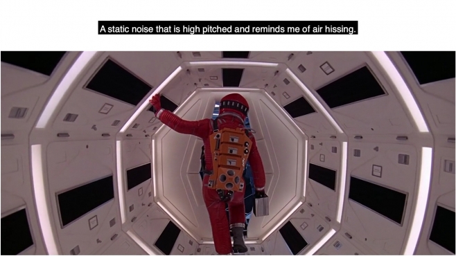 image of astronaut in red space suit, seen from behind proceeding down black and white tunnel - a caption above 'A static noise that is high pitched and reminds me of air hissing'