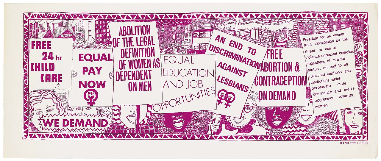 poster artwork, in single colour, deep pink - cartoonish faces with open mouths, above them a succession of boldly printed banners with feminist slogans, cartoonish street scene behind