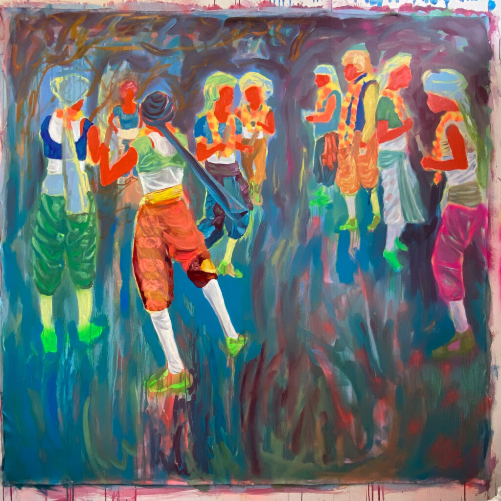 Painting by Ashokkumar Mistry showing cane cutters dressed in brightly coloured clothes and turbans, dancing using wooden sticks. loosely painted with bright colours. 