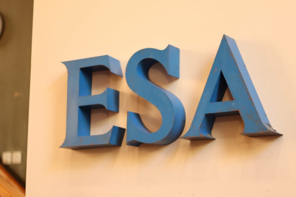 large letters reading 'E. S. A.' on a peach coloured wall