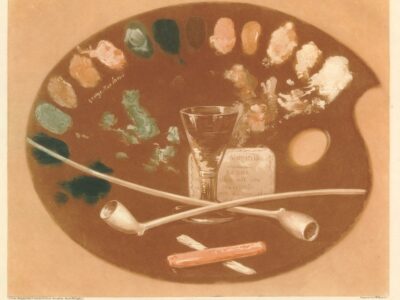 A wooden artist's palette with drops of paint around the edge. In front of this stands a short stemmed wine glass, two pipes, some chalk, and a ticket reading 'Virginia' and 'rebus'.