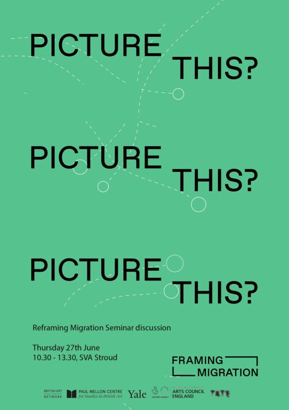 Black text reading 'Picture this?' repeated three times on a green background. below is text with details for the Reframing Migration seminar as detailed on this webpage.